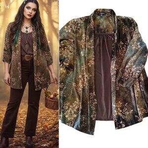 Notations Brown Gold Whimsigoth Floral Animal Print 2 In 1 Blouse Plus 1X